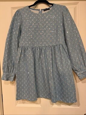 Very J Light Blue Denim Long Sleeve Mini Dress with Silver Metallic Dots